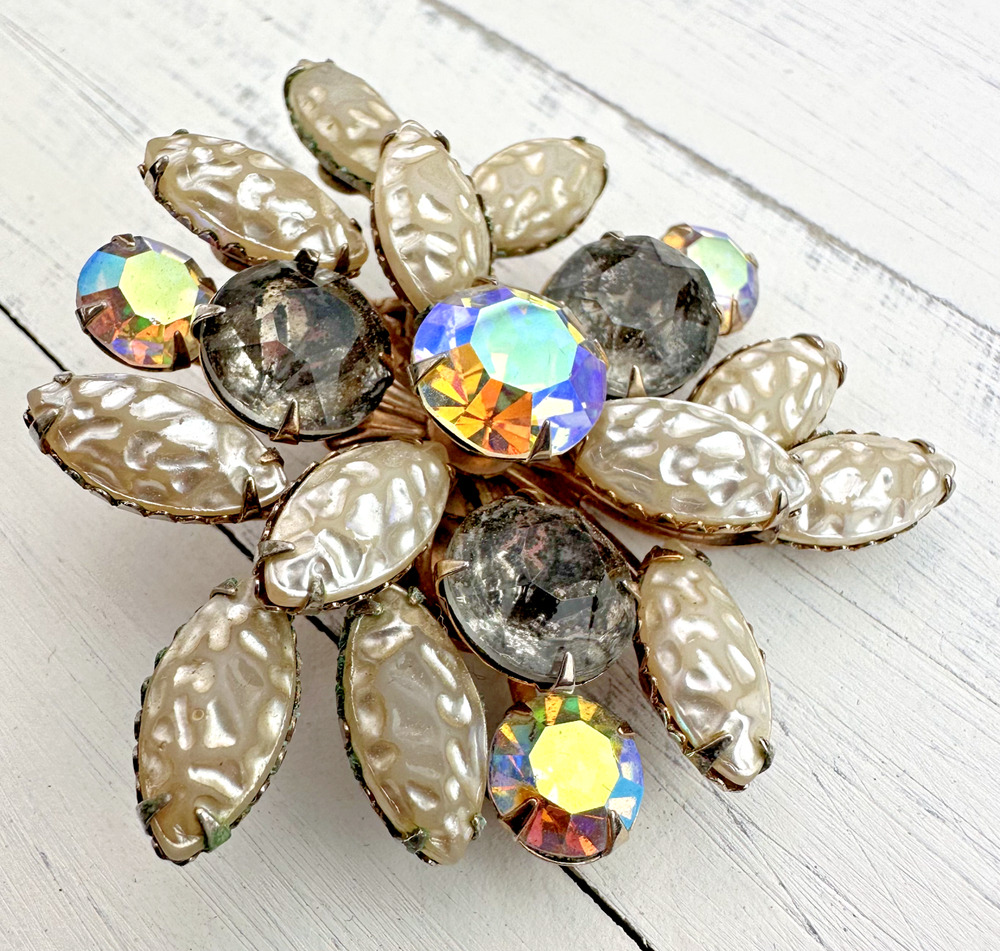 Vintage AB Aurora Borealis Molded Crinkle Lava Rock Rhinestone Flower Pin Brooch
